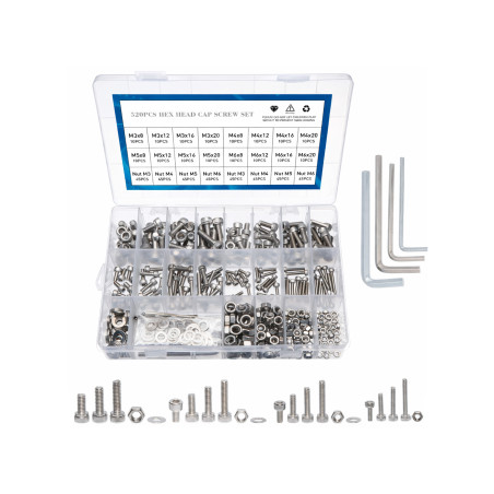 Kit assortimento di bulloni e dadi in acciaio inox (M3–M6, 520
