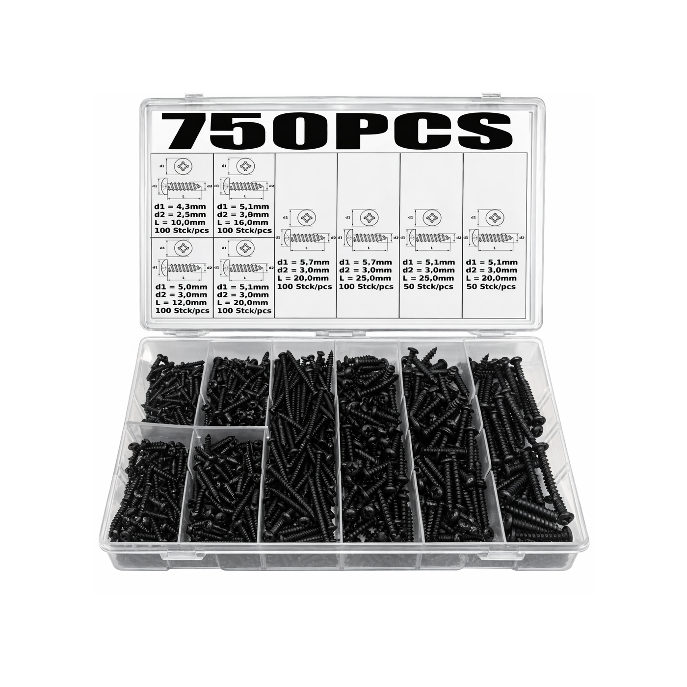 750 pcs sheet metal screws assortment round head black 2.5–4.0