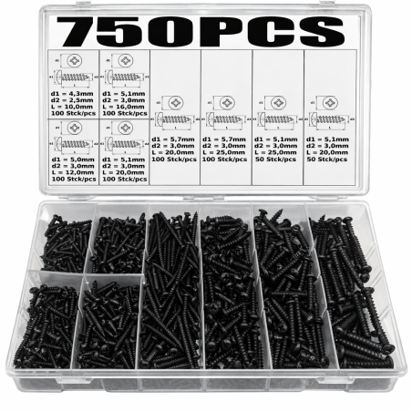 750 pcs sheet metal screws assortment round head black 2.5–4.0