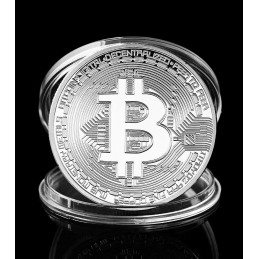 Moneda Bitcoin, color plata, en caja