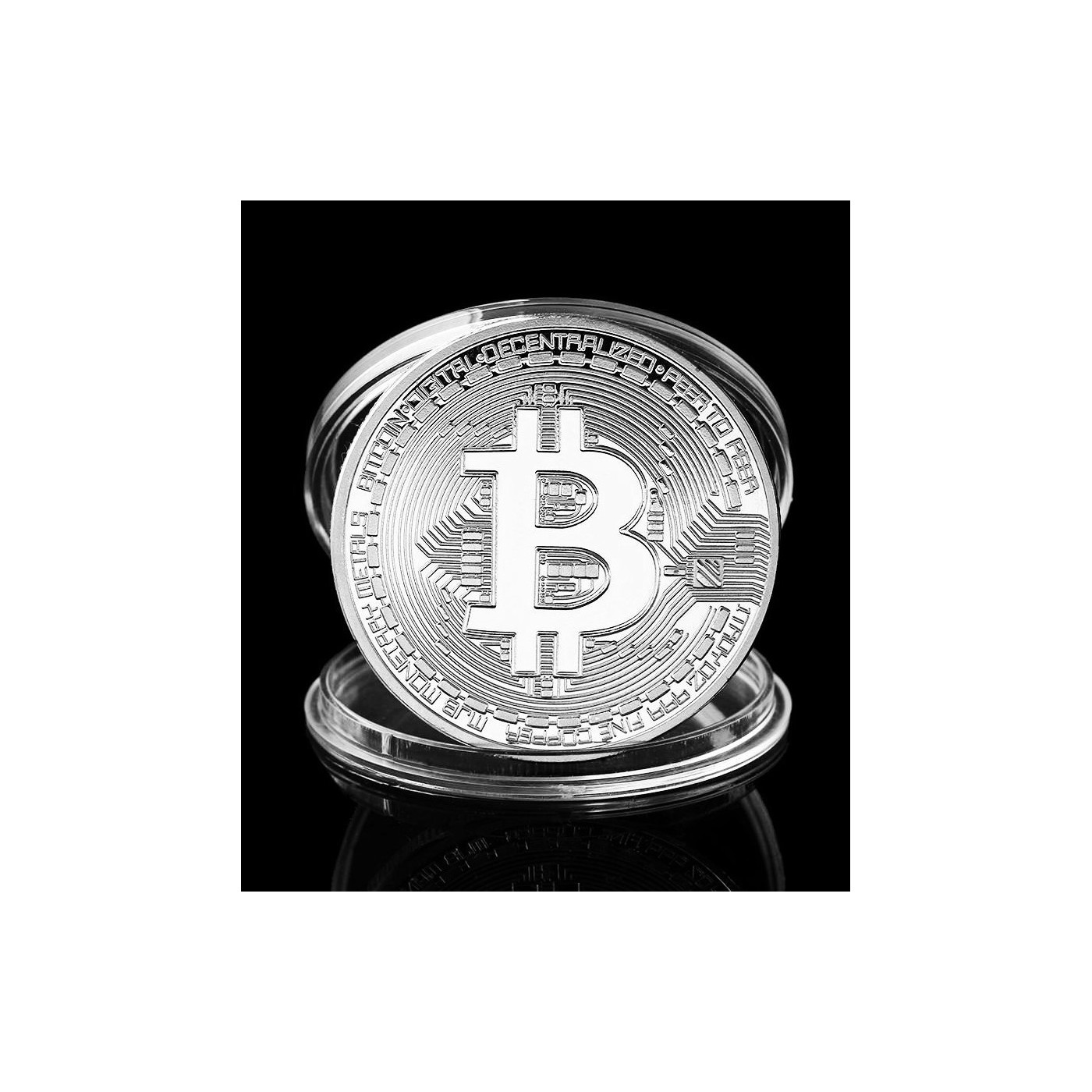 Moneda Bitcoin, color plata, en caja