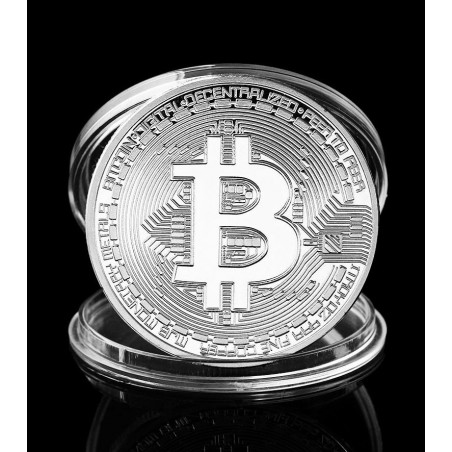 Moneda Bitcoin, color plata, en caja