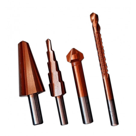 Set of various drills (stepping drill, countersink drill,..) Set of various drills (stepping drill, countersink drill,..)