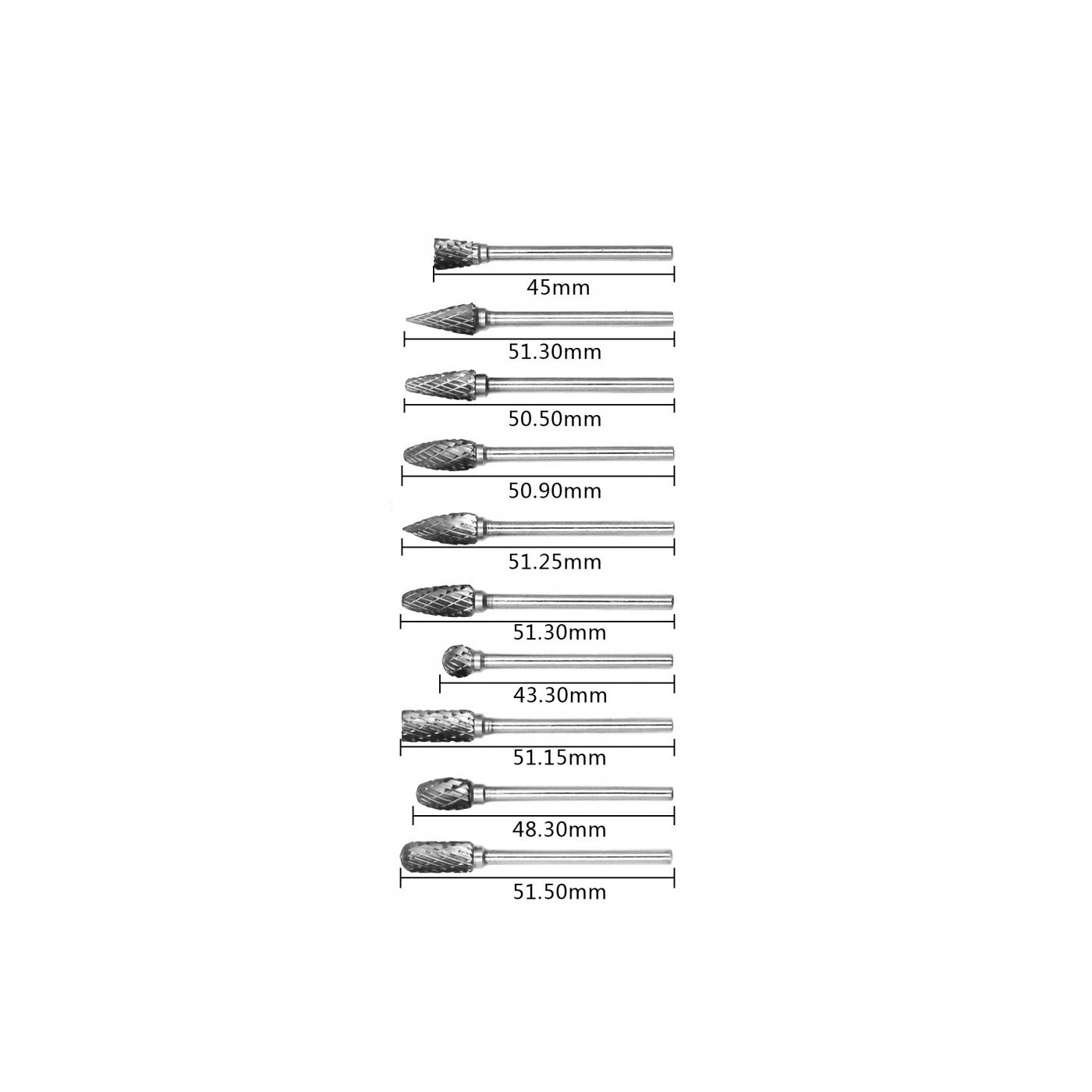 Set hochwertige Fräser, Wolframcarbid (10 Stück, 3 mm Schaft)