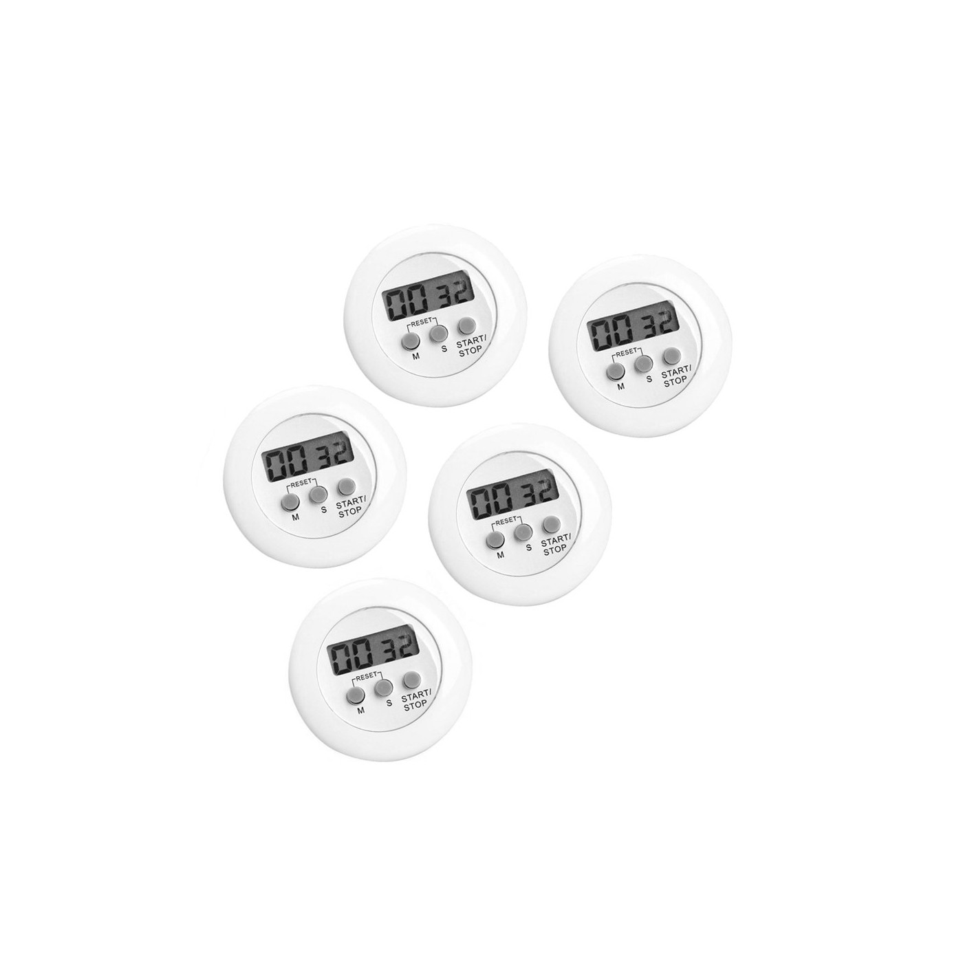 Set of 5 digital kitchen timers, alarm clocks, white