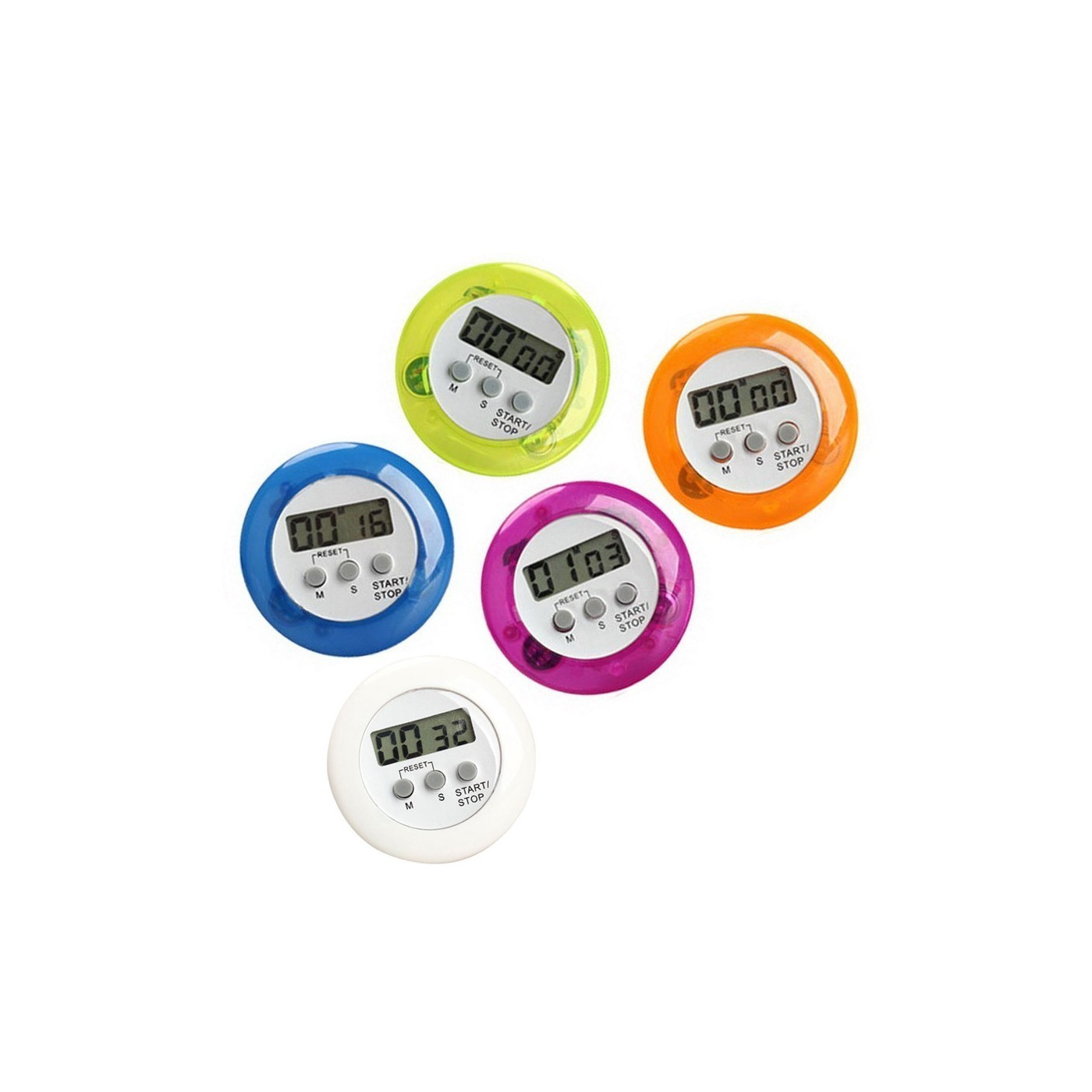 Set of 5 colorful kitchen timers, alarm clocks