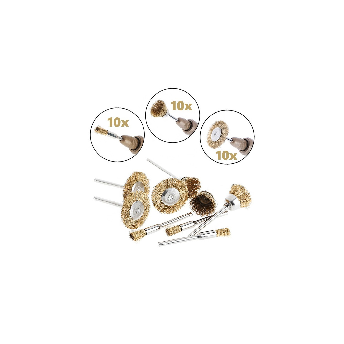 Set of 30 brass wire brushes, 3 shapes (3 mm shank)