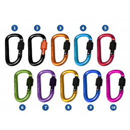 Set of 10 carabiners, color 3: orange, 100 kg