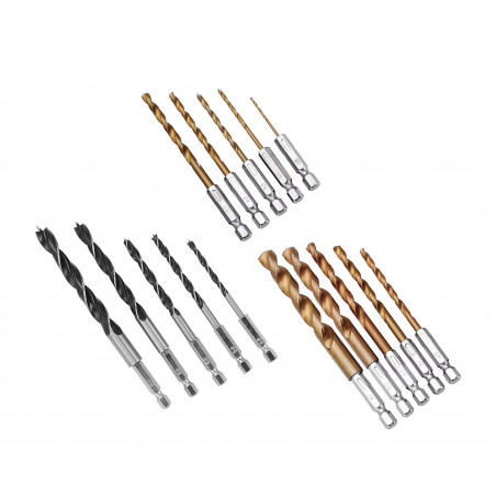 Extensive set of 15 wood & metal drill bits (hex shaft)