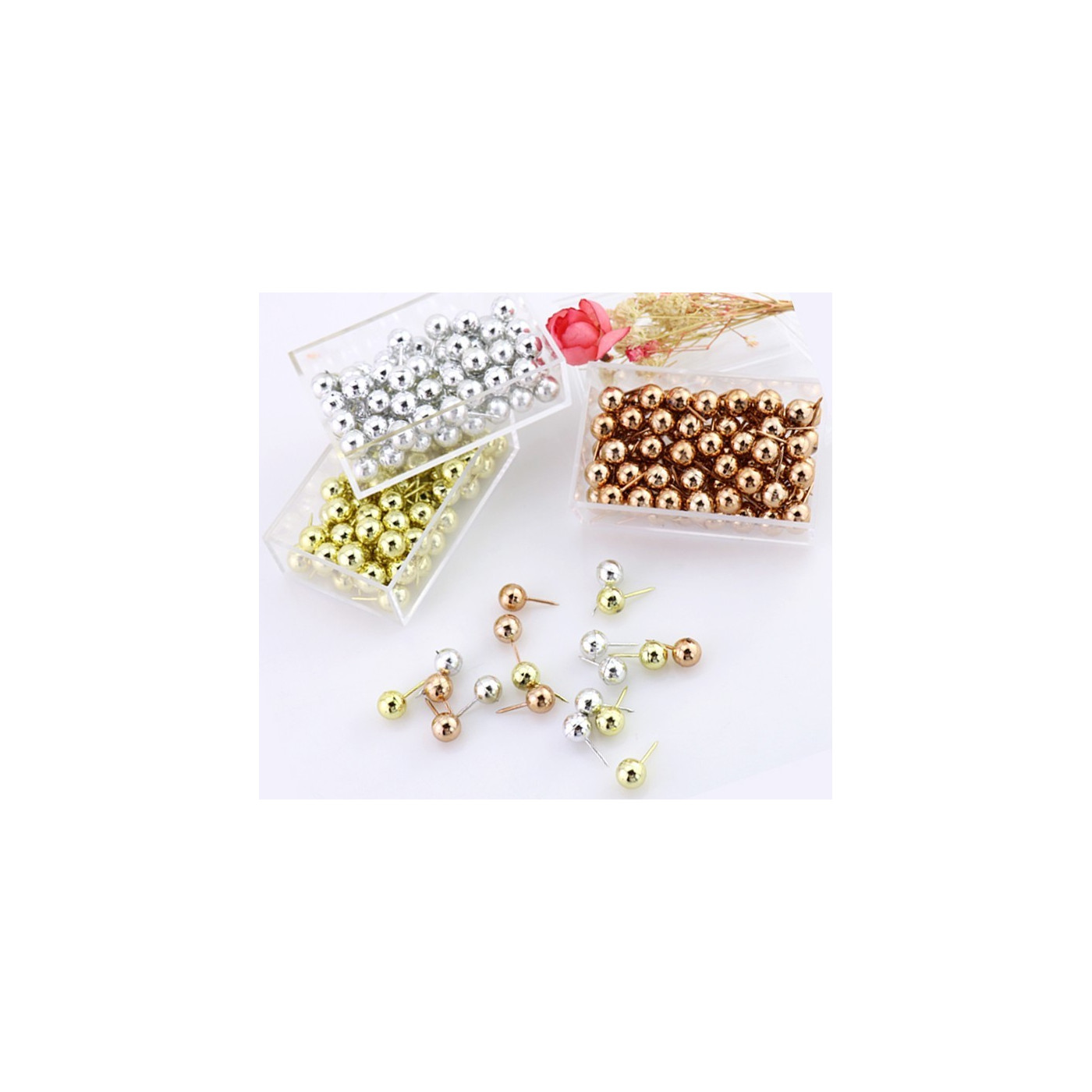 Set of 300 pcs ball push pins: silver, gold, rosegold