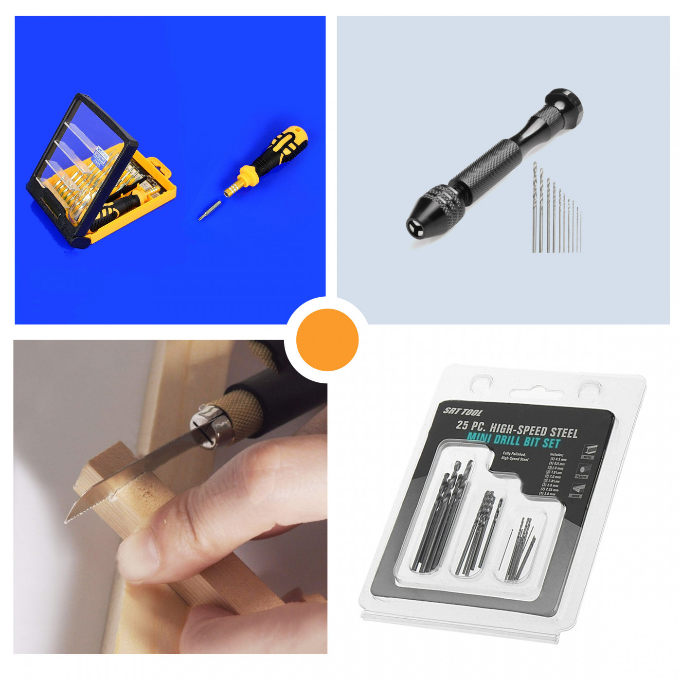 Conjunto de 3 mini herramientas: tornillo, taladro y sierra