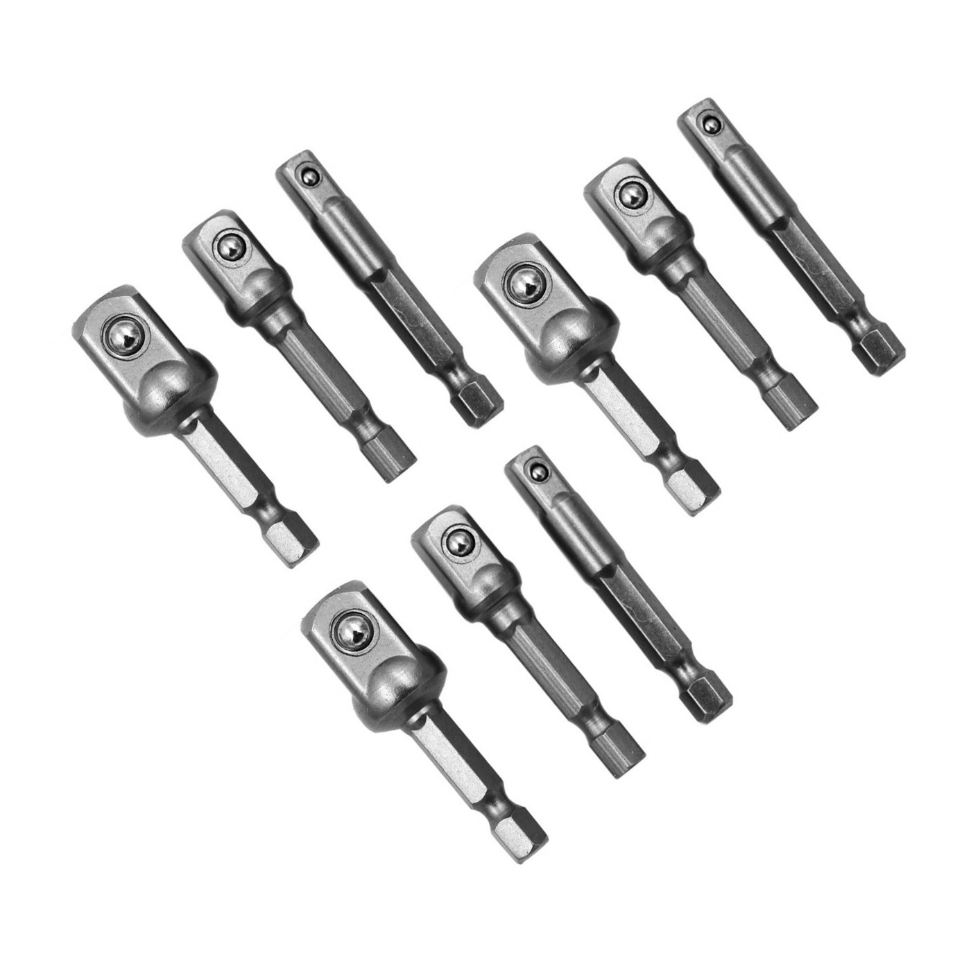 Set of 9 socket bit adapters, hex shank