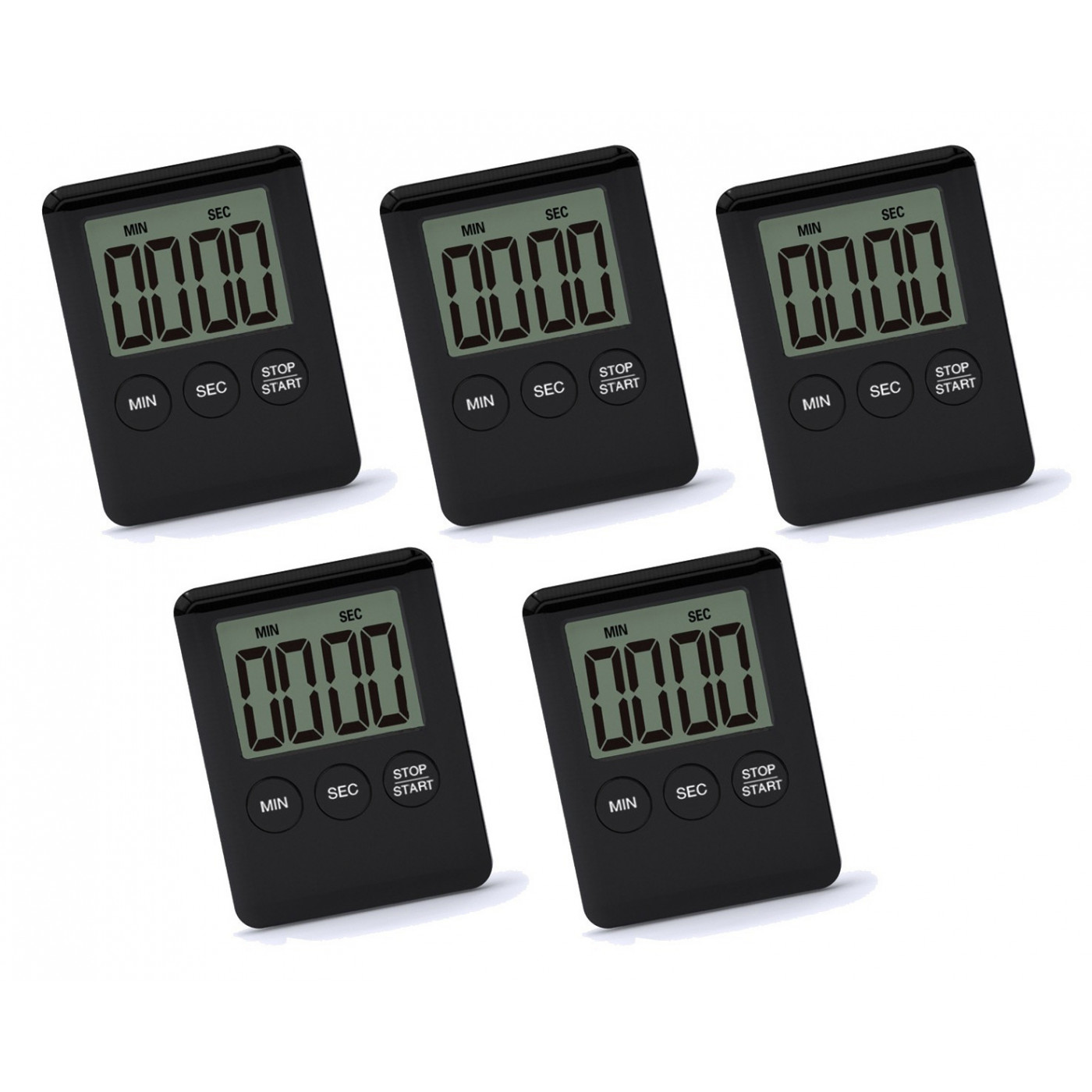 Set of 5 digital timers, alarm clocks, black