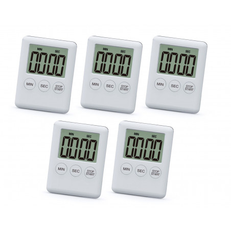 Set of 5 digital timers, alarm clocks, white