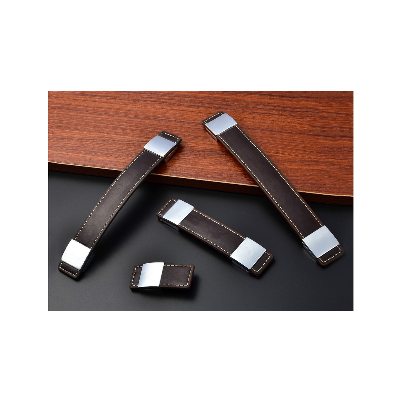 Set of 4 leather furniture handles, dark brown, 69x30 mm