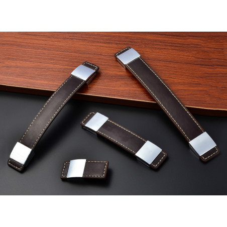 Set of 4 leather furniture handles, dark brown, 69x30 mm