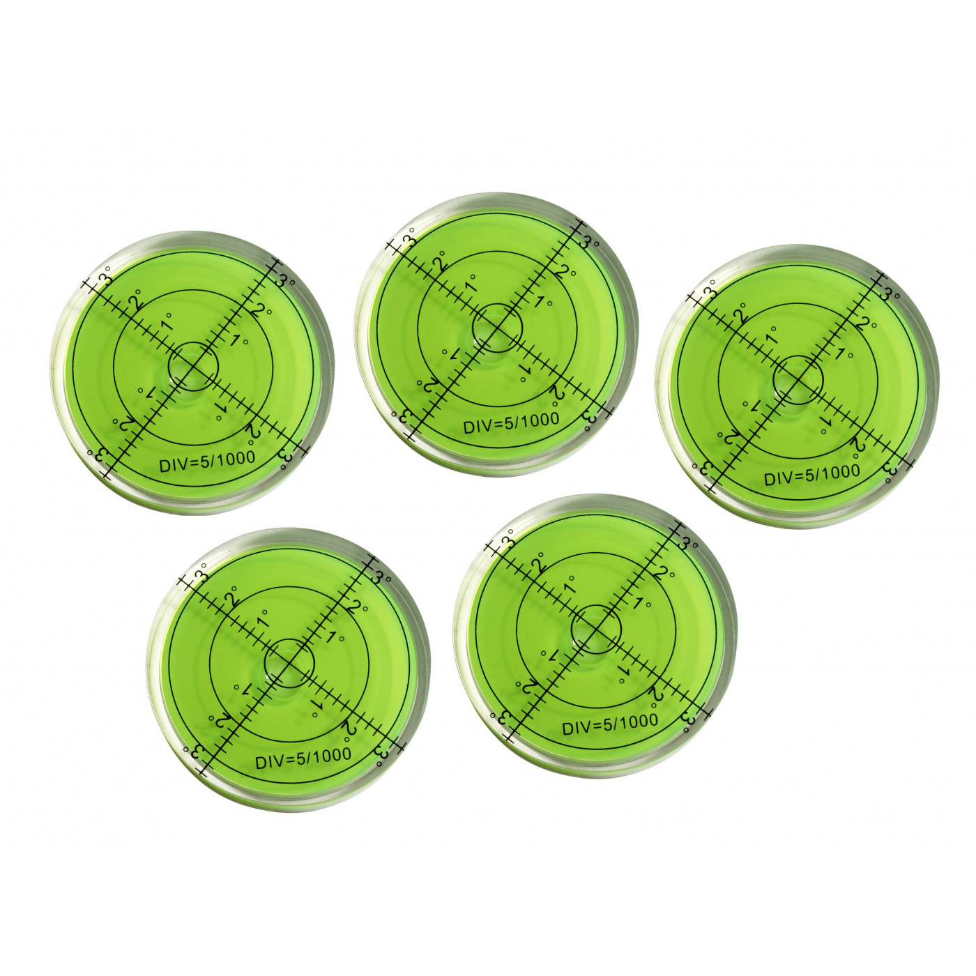 Set of 5 round bubble levels (60x11 mm, green)