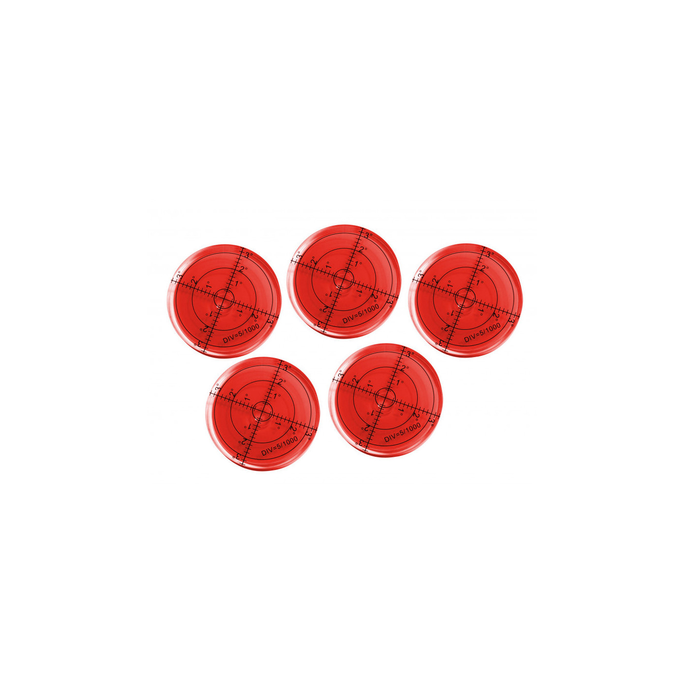 Set of 5 round bubble levels (66x11 mm, red)