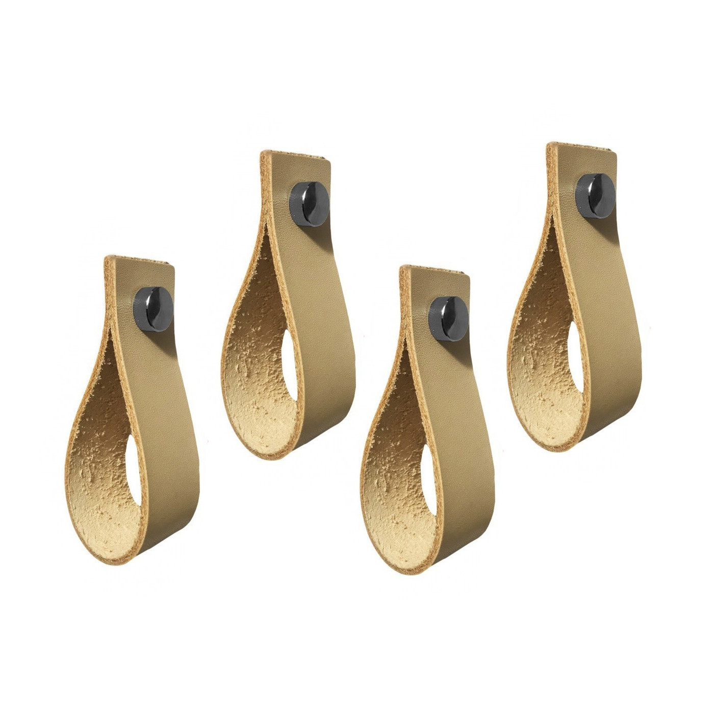 Set di 4 maniglie in pelle, anelli, per mobili, naturale