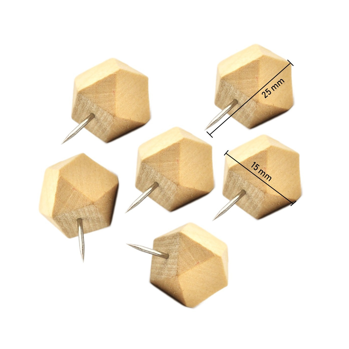Zestaw 28 drewnianych pinezek wielokątnych w pudełkach