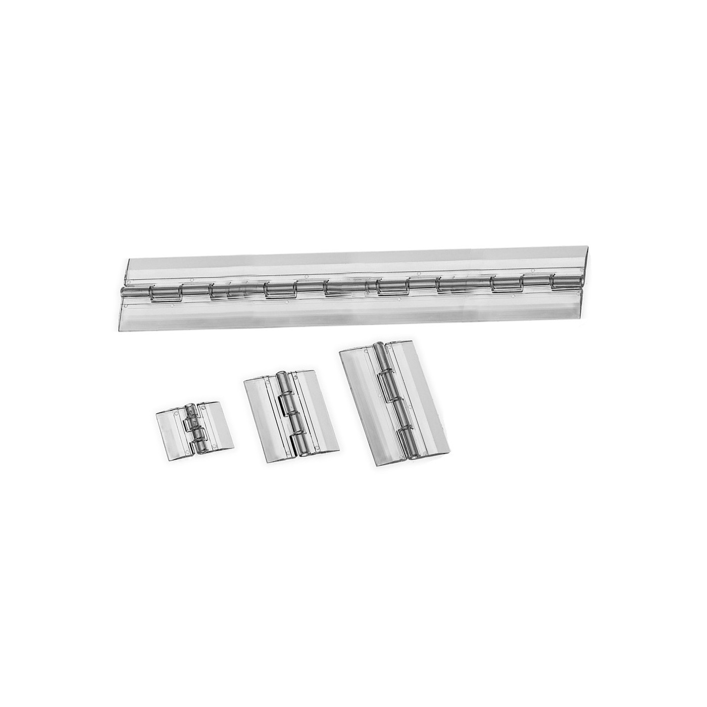 Set of 30 plastic hinges, transparent, 30x33 mm