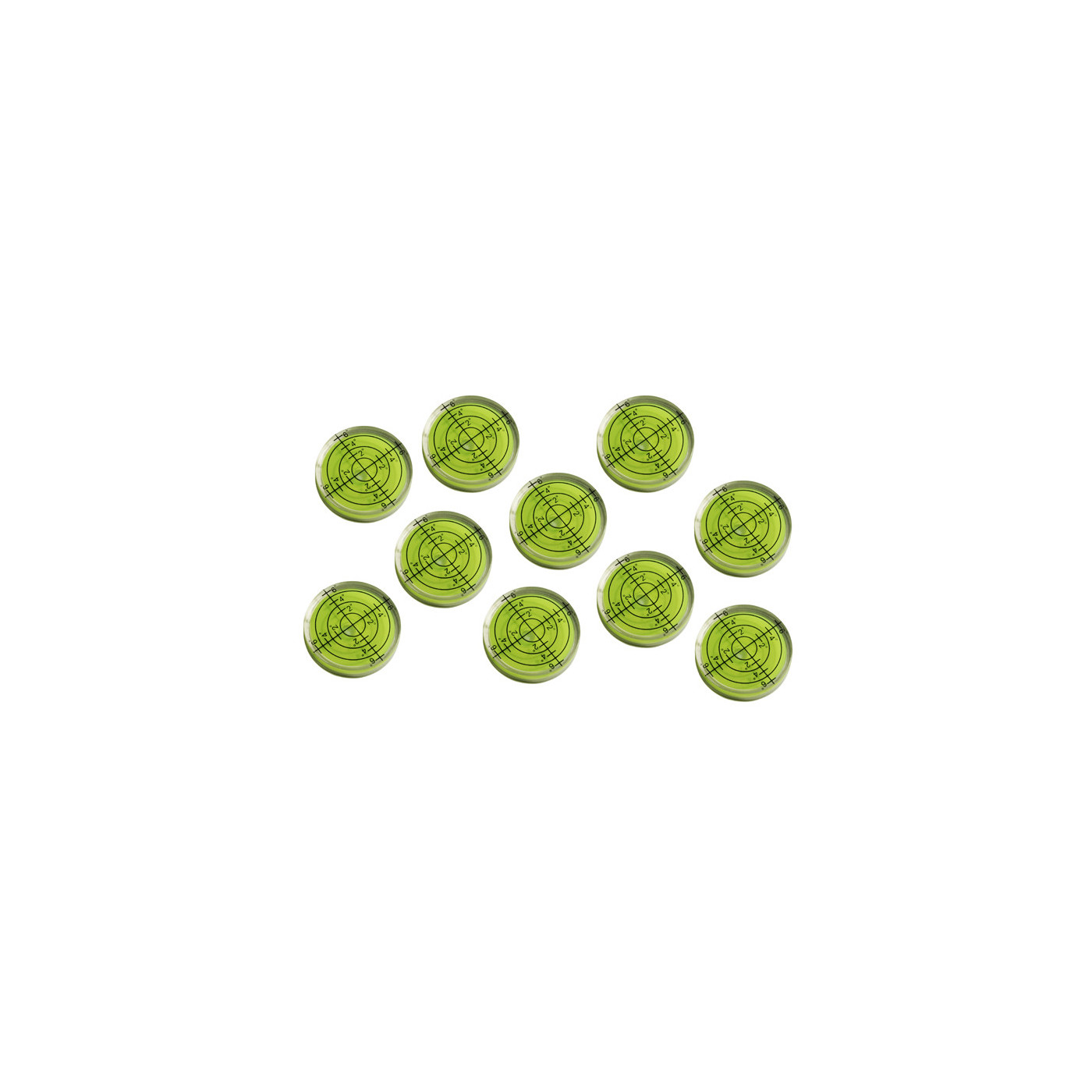 Sæt med 10 hætteglas med bobleniveau (32x7 mm, grøn)