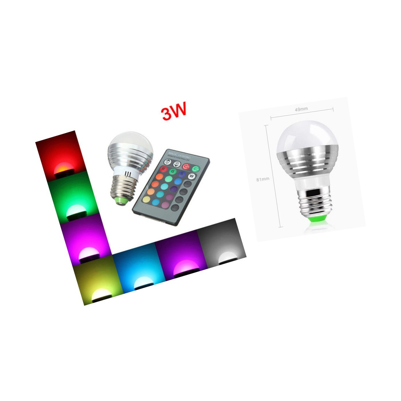 Lampada a led E27 RGB con telecomando, 3W