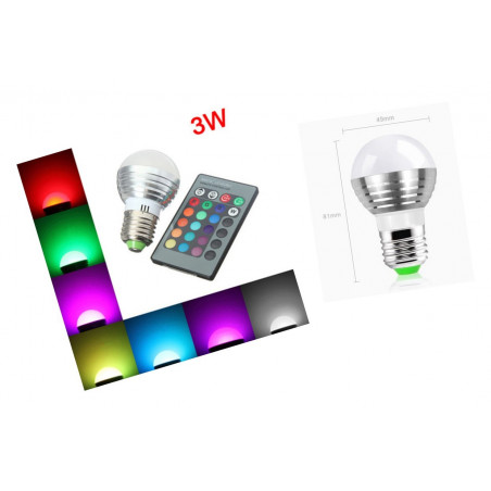 Lampe LED E27 RGB avec télécommande, 3W