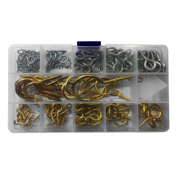 Assortment of 112 small screw hooks in box