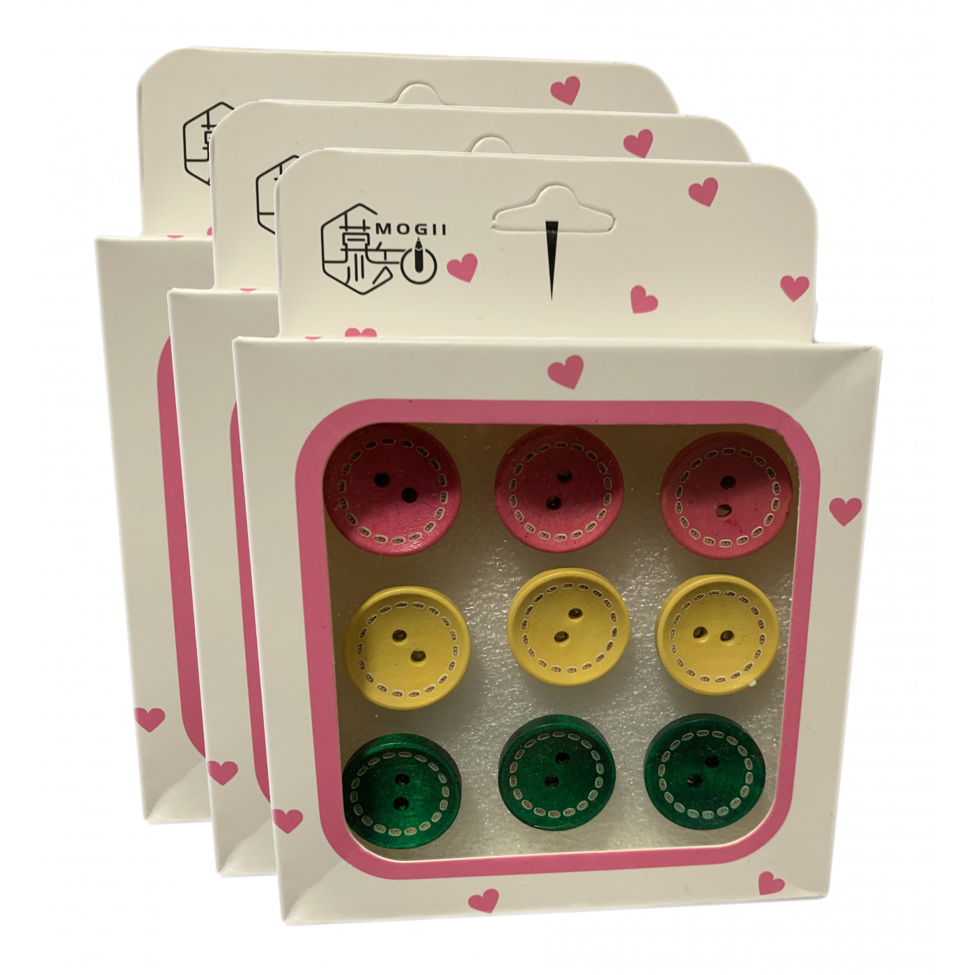 Set van 27 leuke punaises in doosjes (model: knopen roze, geel