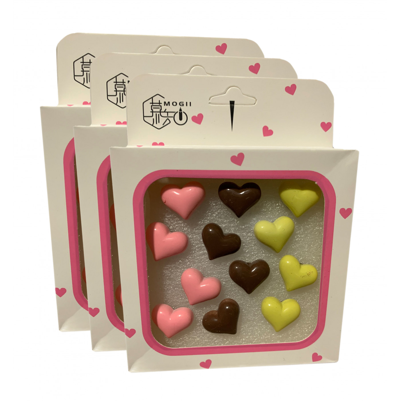 Set of 36 cute thumbtacks in boxes (model: hearts, pink, brown