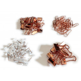 Caja de plástico con 72 clips, abrazaderas y chinchetas (oro