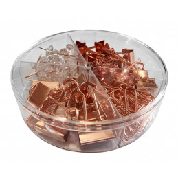 Plastic box with 72 paper clips, clamps and thumbtacks (rose