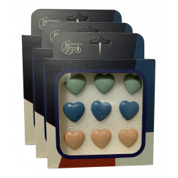 Set of 27 cute thumbtacks in boxes (model: hearts, green, blue and cream colored)