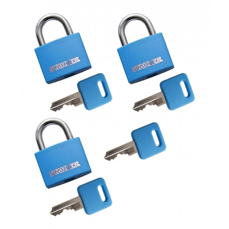 Set van 3 hangsloten (30 mm, blauw, met 4 sleutels)