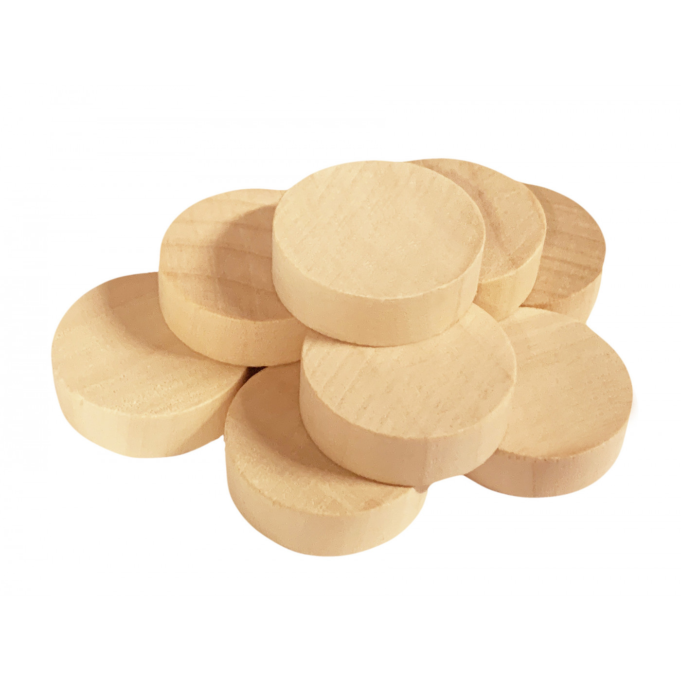 Set of 100 wooden discs (dia: 2.5 cm, thickness: 8 mm, schima)