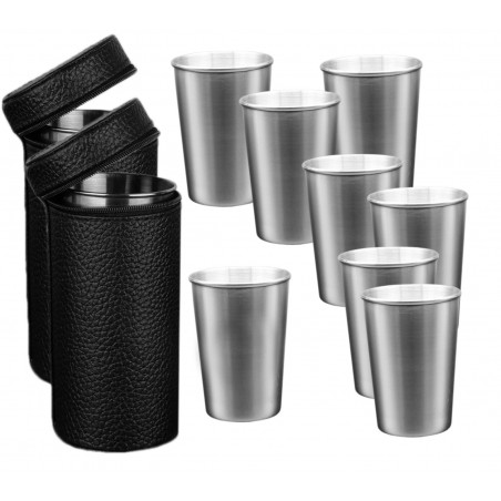 Zestaw 8 kubków ze stali nierdzewnej (170 ml) z 2 skórzanymi torbami - 1 Zestaw 8 kubków ze stali nierdzewnej (170 ml) z 2 skórzanymi torbami - 1