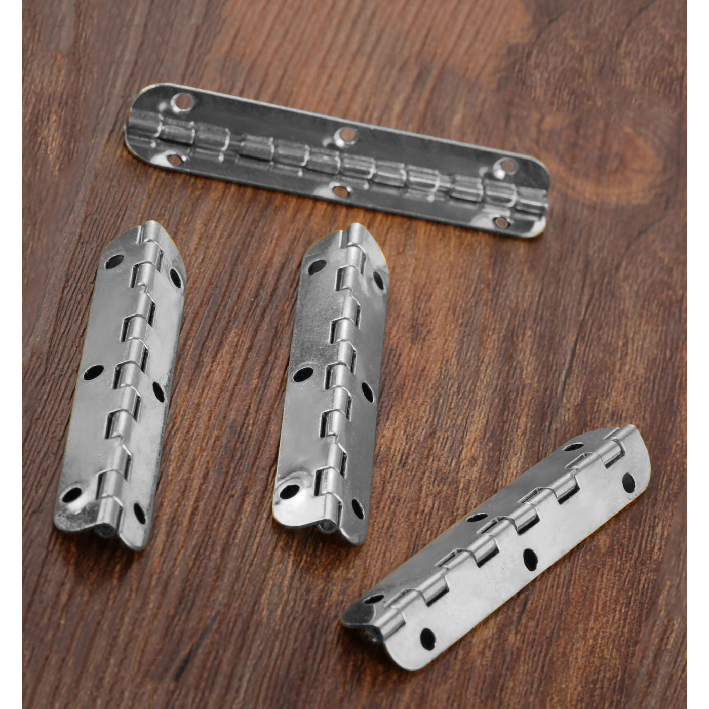 Set of 10 long hinges, (6.5 cm length, silver, max 90 degrees