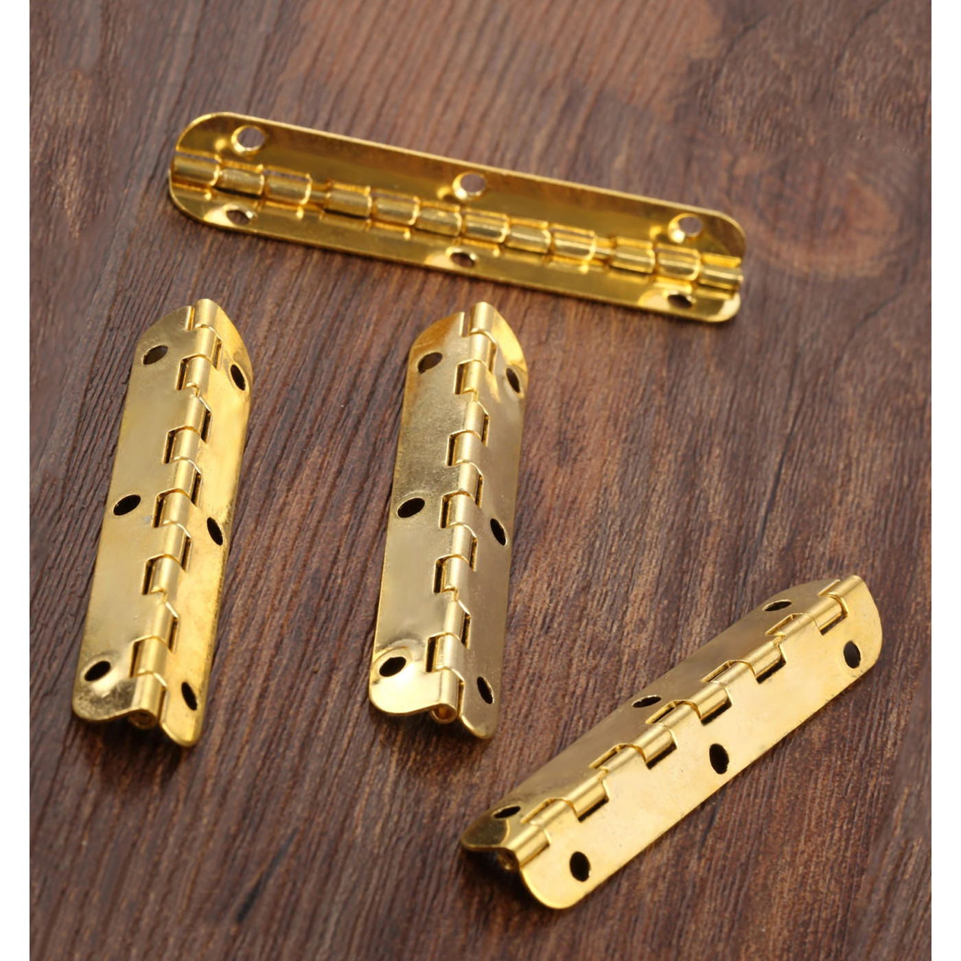 Set of 10 long hinges, (6.5 cm length, gold, max 90 degrees