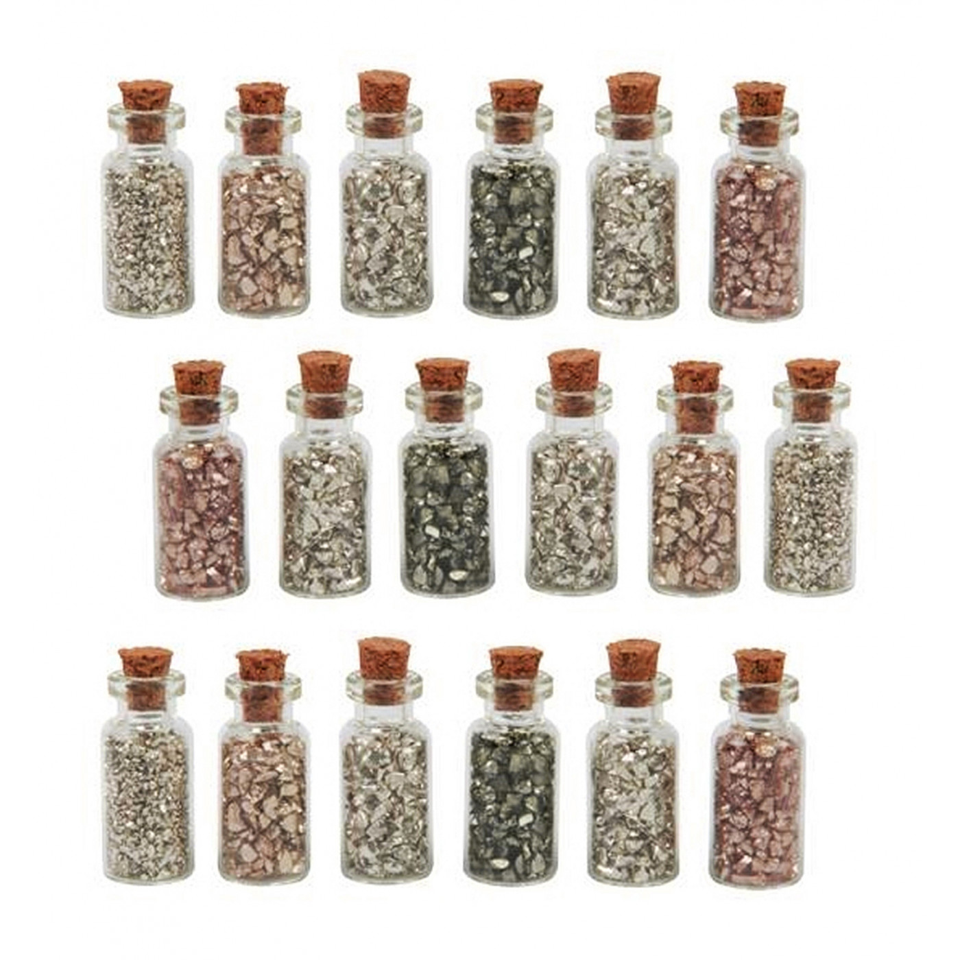 Set van 18 mini flesjes met mini decosteentjes (type 3)