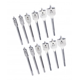 Set of 12 flatbit wood drills (spade bits, 10, 12, 16, 18, 20