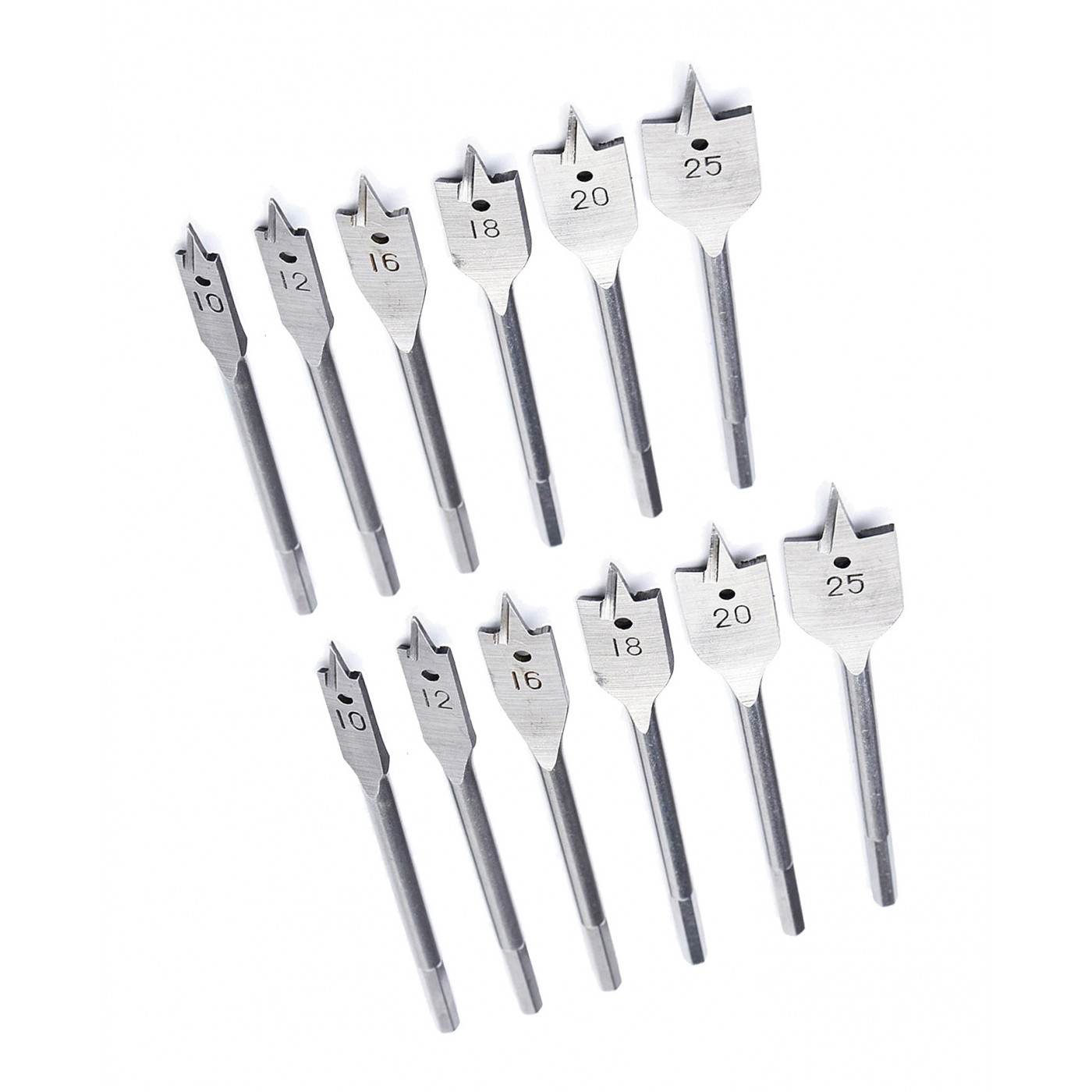 Set of 12 flatbit wood drills (spade bits, 10, 12, 16, 18, 20