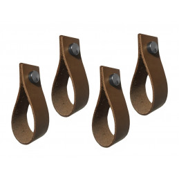 Set of 4 leather handles, loops, for furniture, cognac