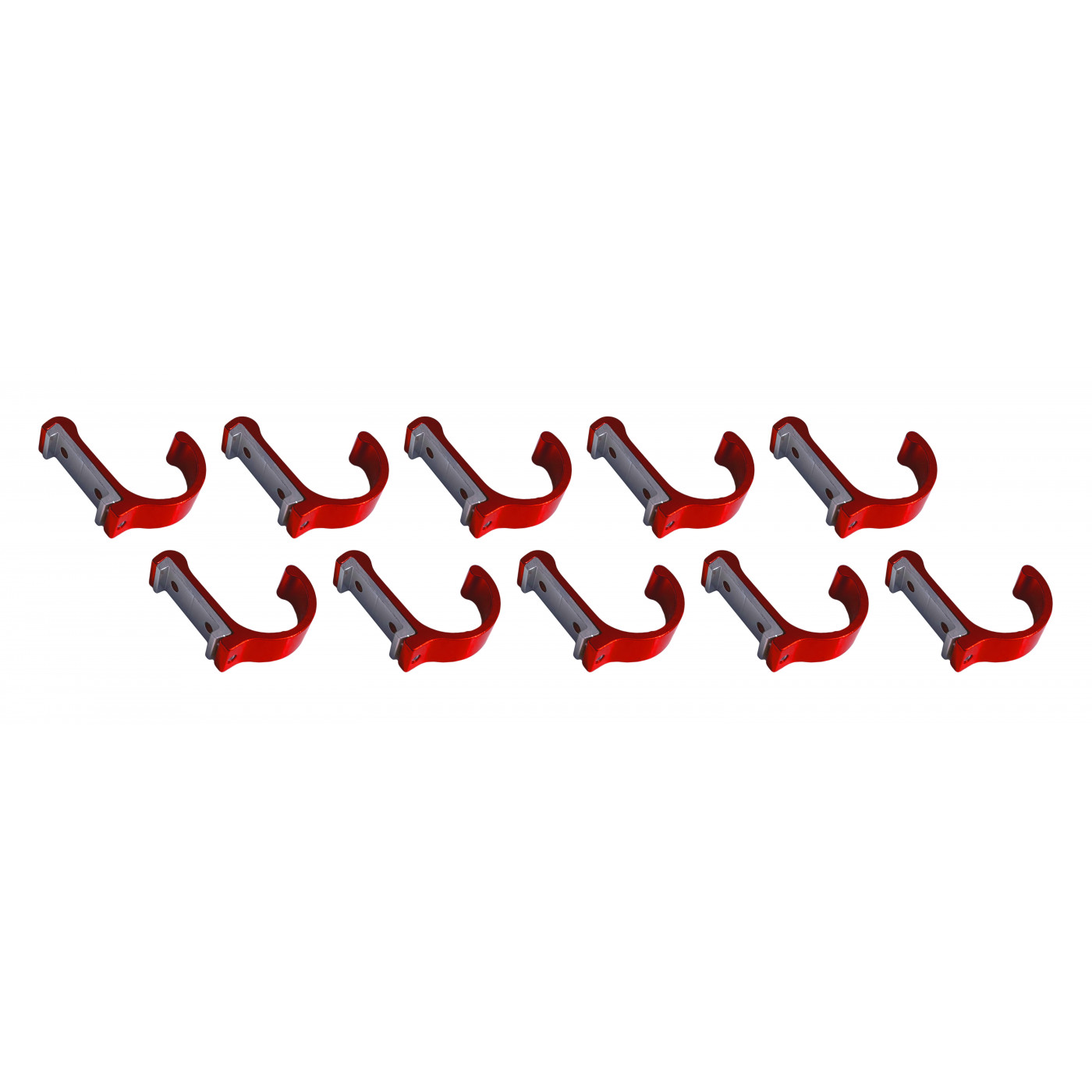 Set of 10 aluminum clothes hooks / coat racks (curved, red)