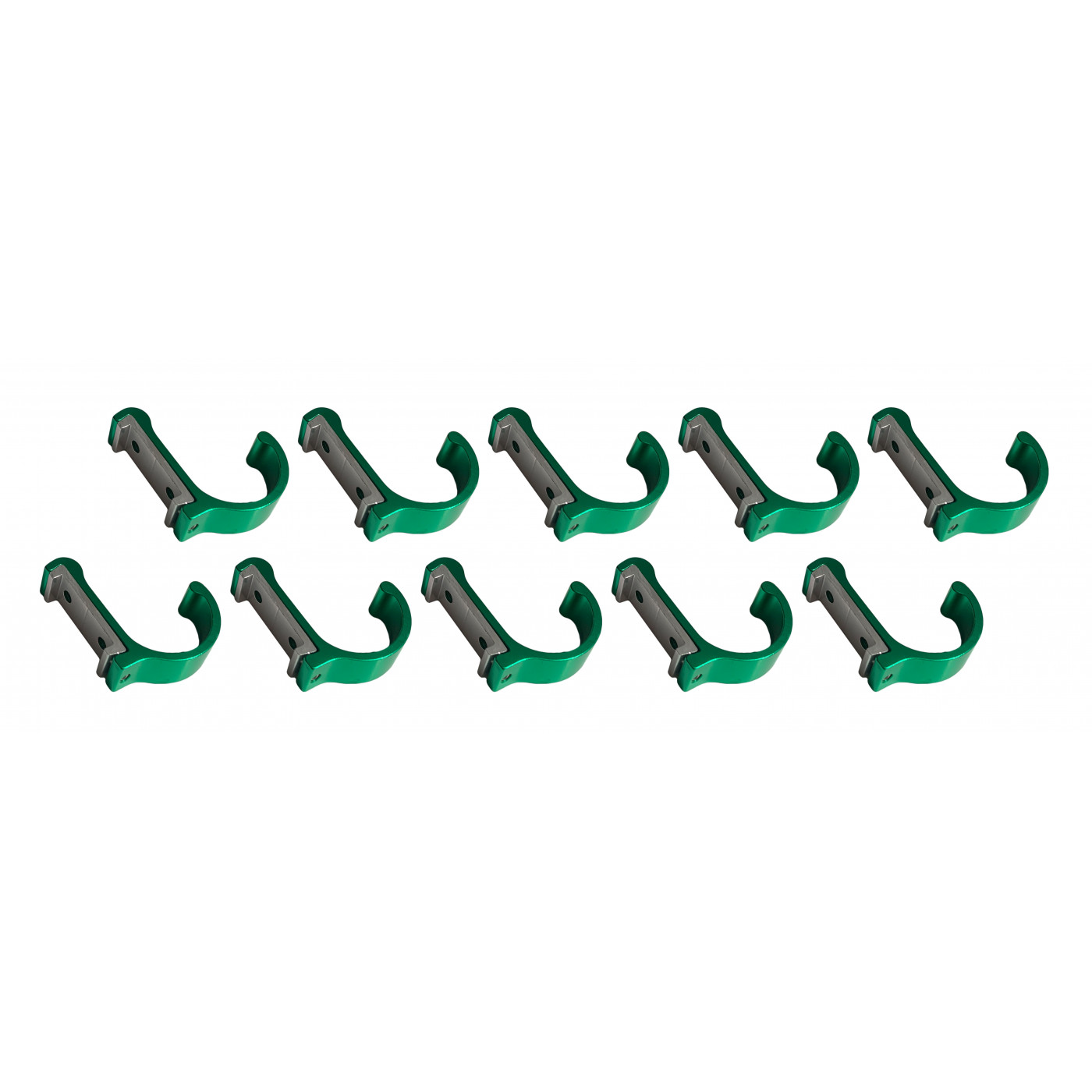 Set of 10 aluminum clothes hooks / coat racks (curved, green)