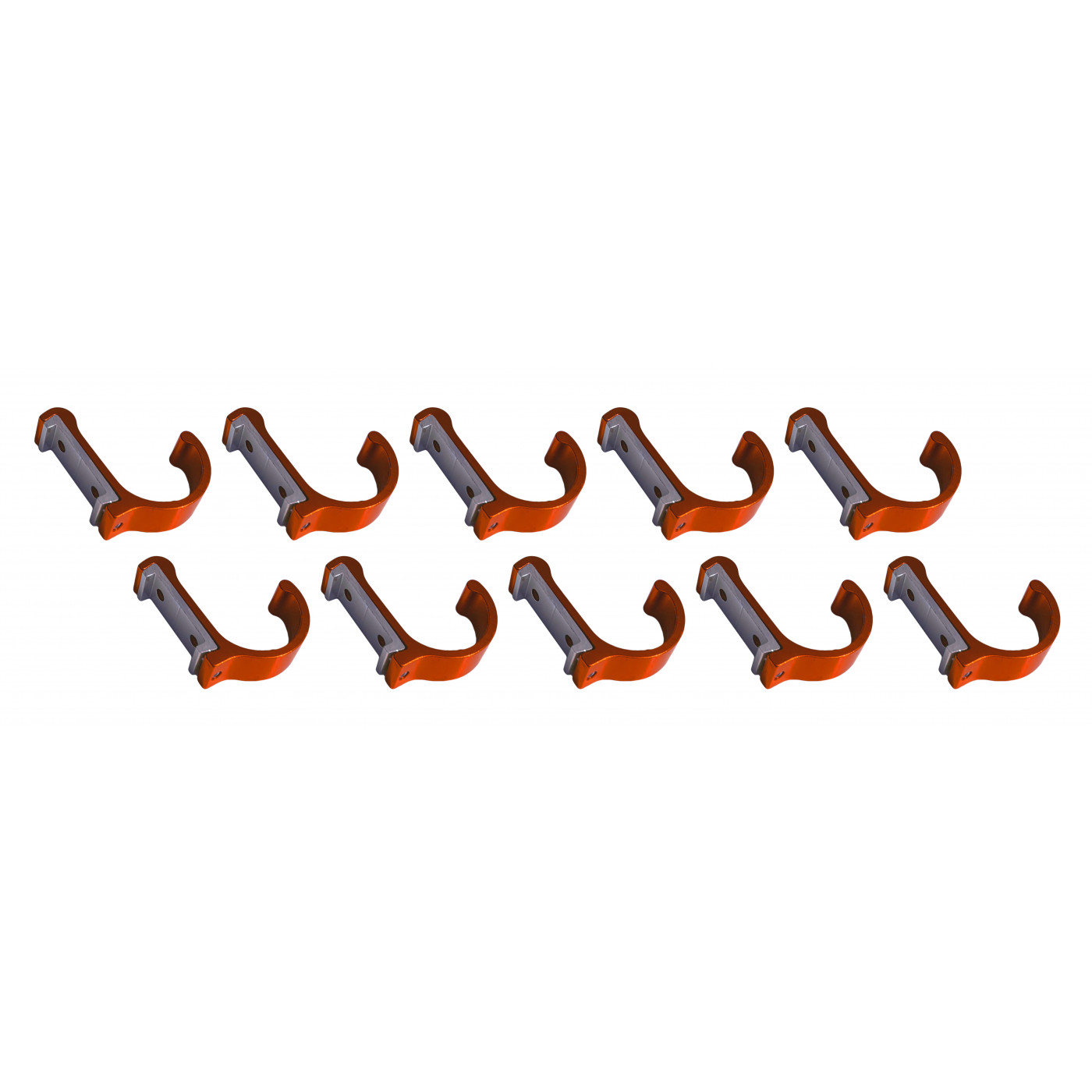 Set of 10 aluminum clothes hooks / coat racks (curved, orange)