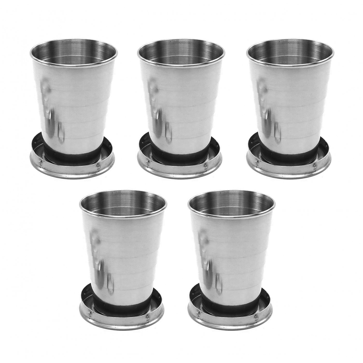 Set of 5 foldable stainless steel cups with fixed coaster (75