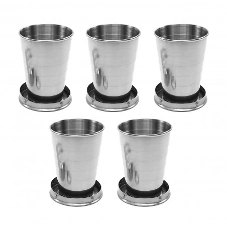 Juego de 5 vasos de acero inoxidable plegables con posavasos