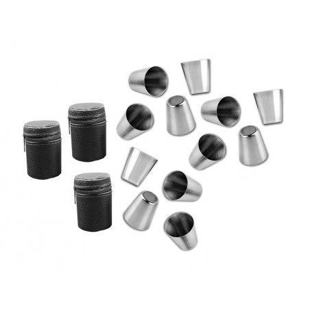 Set of 12 stainless steel cups (30 ml) with 3 leather bags