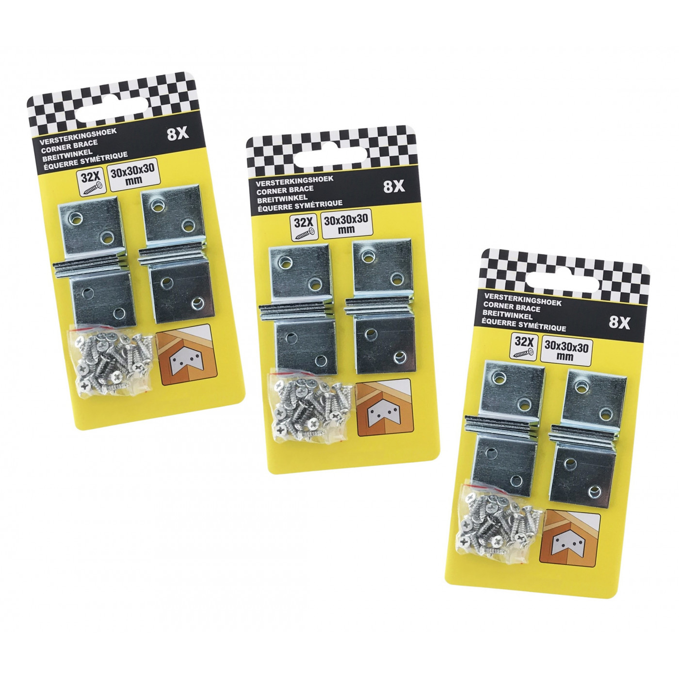 Set of 24 metal connection plates with screws (30x30x30 mm